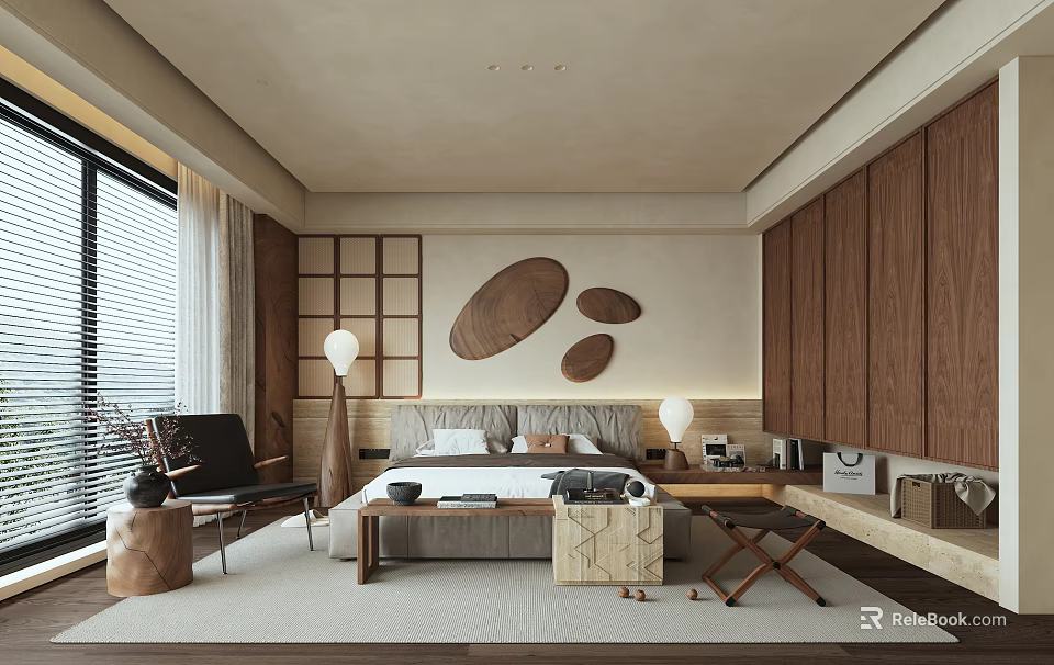 Minimalist Bedroom Interior With Natural Wooden Elements Oval Wall Decor Wardrobe And Window Blinds 3d model 