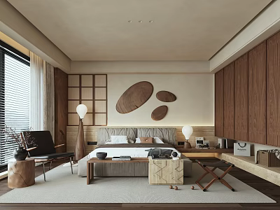 Minimalist Bedroom Interior With Natural Wooden Elements Oval Wall Decor Wardrobe And Window Blinds 3d model