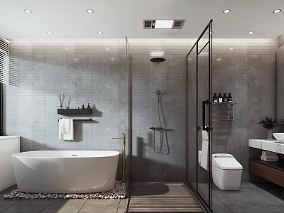 Modern Bathroom Interior With Glass Shower Enclosure Freestanding Bathtub And Tiled Walls 3d model