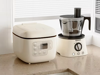 Modern Cream White Kitchen Appliances Rice Cooker And Food Processor On Countertop 3d model