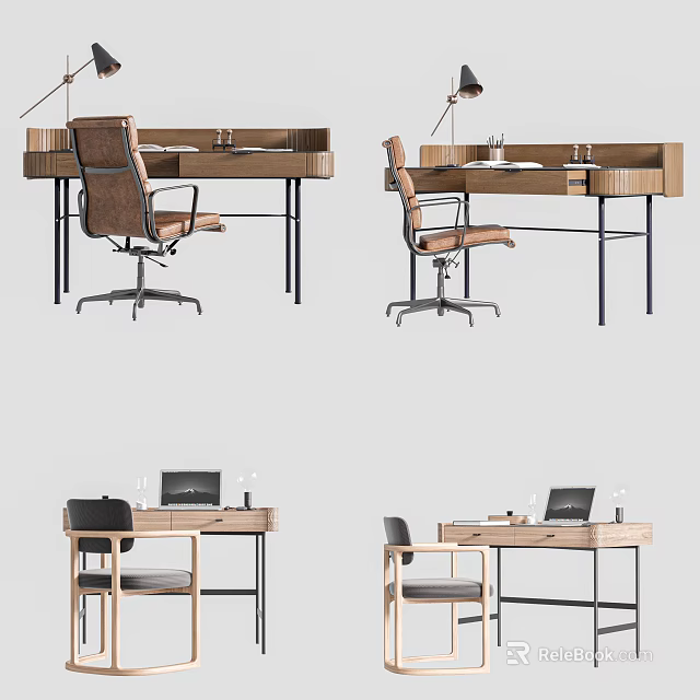 Stylish Modern Wooden Desk Designs With Chair Laptop And Table Lamp 3d model 