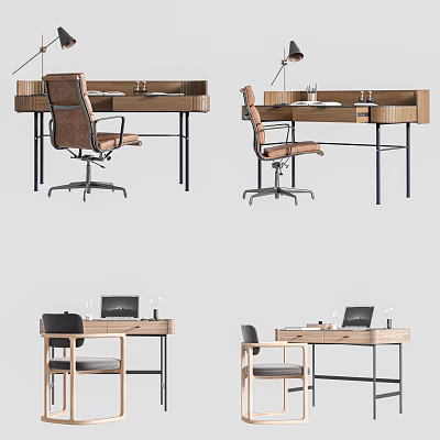 Stylish Modern Wooden Desk Designs With Chair Laptop And Table Lamp 3d model