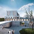 Modern School Building With Glass Facade Traditional Roof And Open Plaza For People Gathering