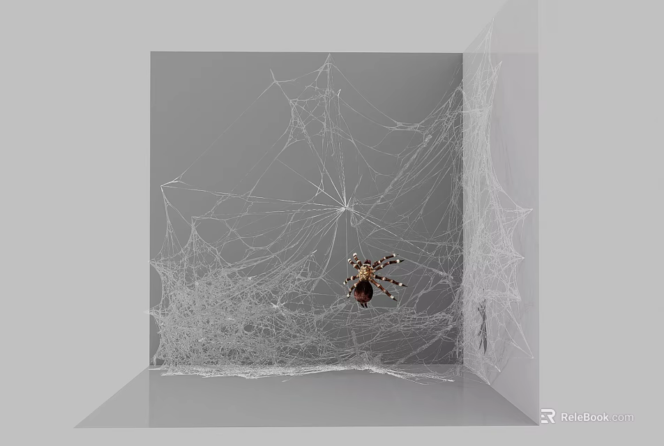 Reptile Lizard Resting On Spider Web In Gray Corner With Intricate Web Patterns 3d model 