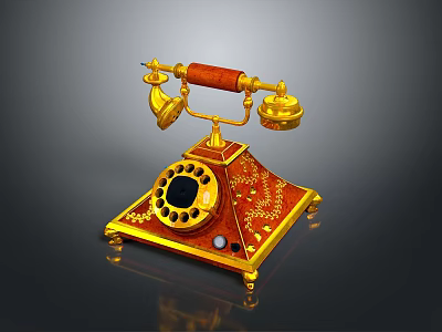 Vintage Gold And Red Decorative Telephone With Classic Dial Design 3d model