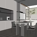 Modern Restaurant Open Kitchen Interior With Cabinets Dining Table Chairs And Appliances