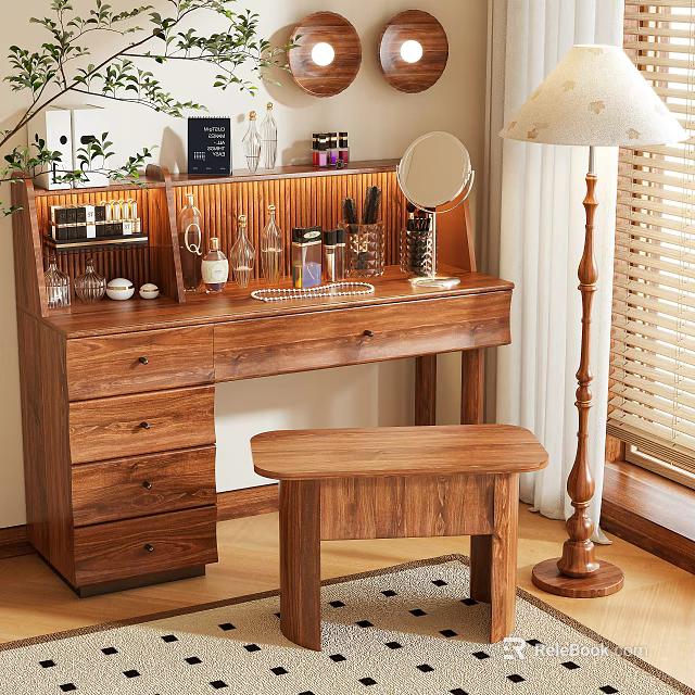 Wooden Dressing Table With Drawers Round Mirror Table Lamp Skincare Products And Stool 3d model 