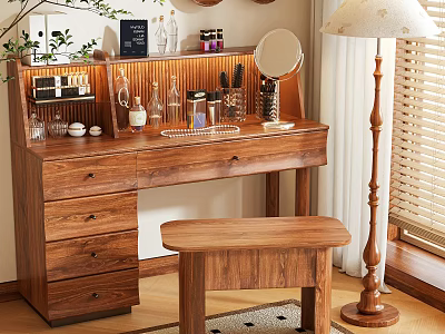 Wooden Dressing Table With Drawers Round Mirror Table Lamp Skincare Products And Stool 3d model