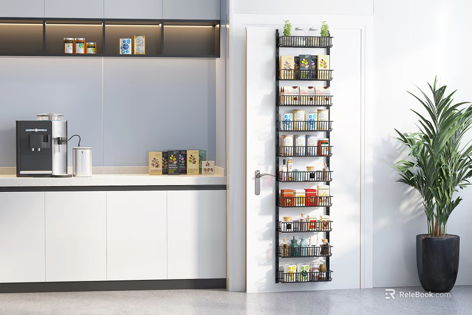 Efficient Kitchen Door Mounted Storage Rack With Various Groceries And Organized Shelves 3d model 