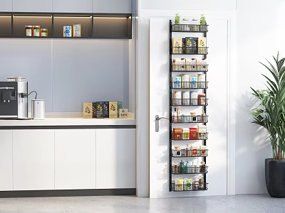 Efficient Kitchen Door Mounted Storage Rack With Various Groceries And Organized Shelves 3d model