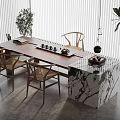 Modern Tea Room Setup With Wooden Chairs Marble Tabletop Tea Set And Potted Plants