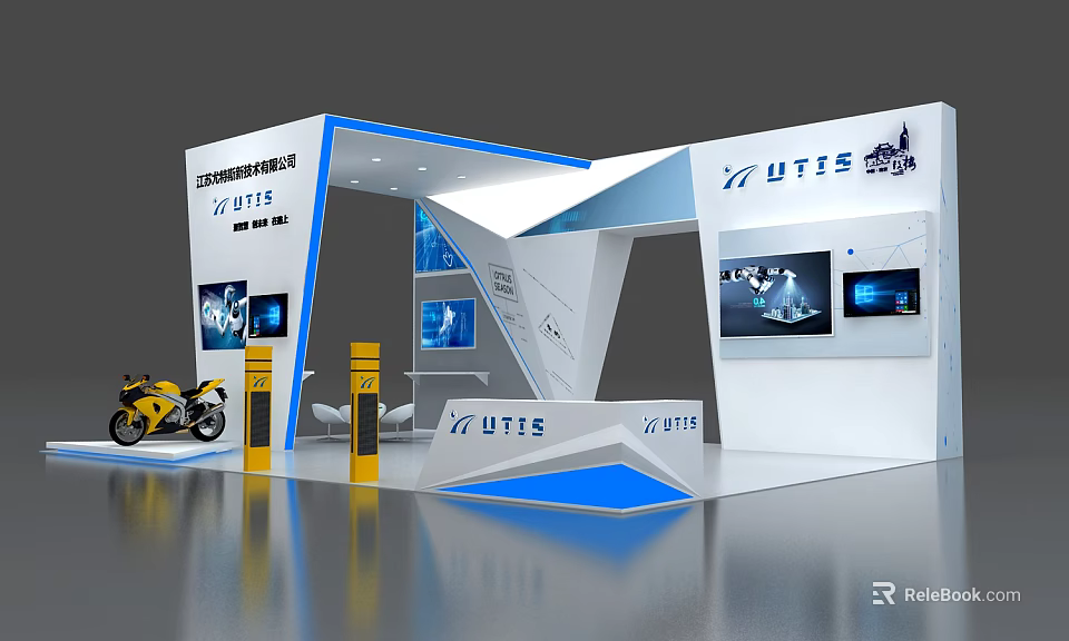 UTIS Exhibition Booth With Modern Design Blue White Color Scheme Motorcycle Model And Display Screens 3d model 