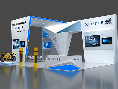 UTIS Exhibition Booth With Modern Design Blue White Color Scheme Motorcycle Model And Display Screens 3d model