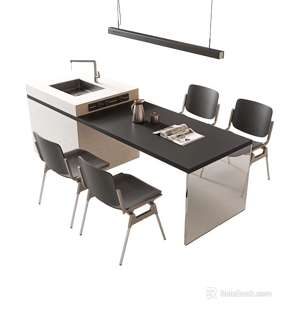Modern Black Dining Table And Chairs With Kitchen Island Sink Design 3d model 