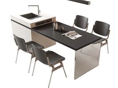 Modern Black Dining Table And Chairs With Kitchen Island Sink Design 3d model
