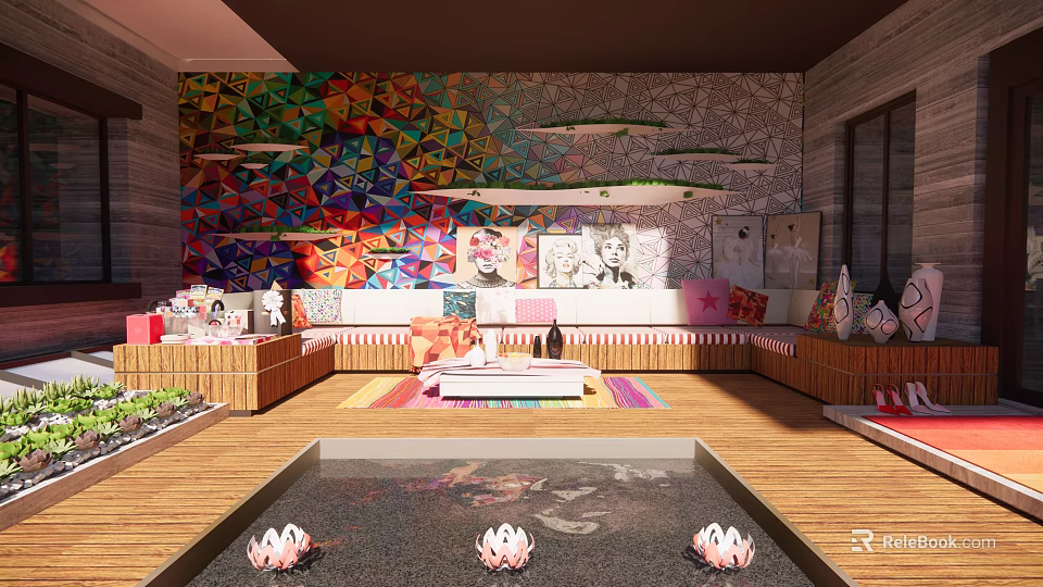 Stylish Courtyard Garden With Lotus Pond Wooden Flooring And Colorful Decorative Wall 3d model 