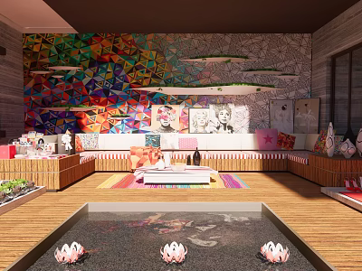 Stylish Courtyard Garden With Lotus Pond Wooden Flooring And Colorful Decorative Wall 3d model
