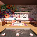 Stylish Courtyard Garden With Lotus Pond Wooden Flooring And Colorful Decorative Wall