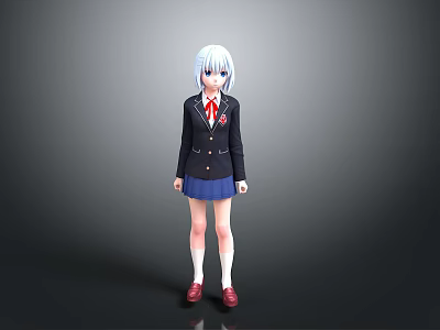 Anime Character With White Hair In Black Blazer Red Tie Blue Skirt And Red Shoes 3d model