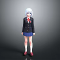 Anime Character With White Hair In Black Blazer Red Tie Blue Skirt And Red Shoes
