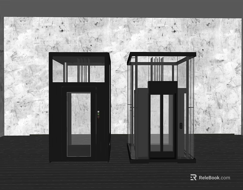 Modern Indoor Elevators With Glass Enclosures And Black Frames Design 3d model