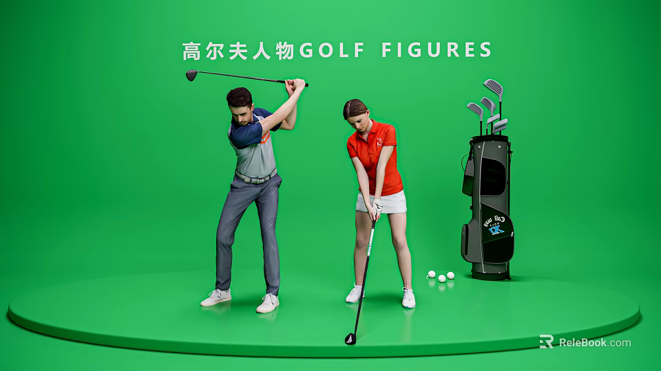 Golf Figures Of Two People Swinging Golf Clubs With Bag And Balls 3d model 