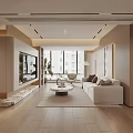 Modern Living and Dining Room Interior With Wooden White Sofa Marble Coffee Table Large Windows