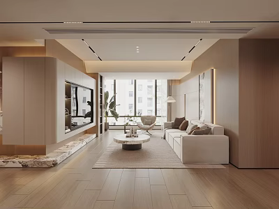 Modern Living and Dining Room Interior With Wooden White Sofa Marble Coffee Table Large Windows 3d model