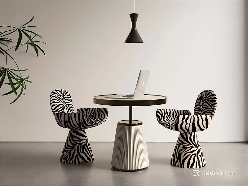 Modern Round Tea Table with Zebra Pattern Chairs Textured Base Green Plant Pendant Light 3d model 