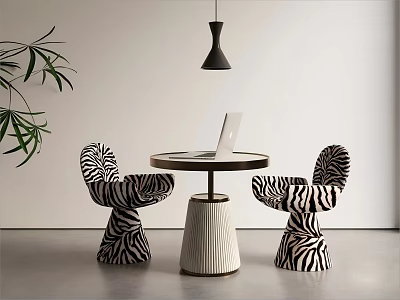 Modern Round Tea Table with Zebra Pattern Chairs Textured Base Green Plant Pendant Light 3d model