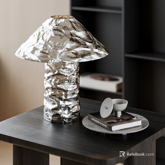 Crinkled Metallic Table Lamp on Dark Wooden Table with Tray Book and Small White Object 3d model 