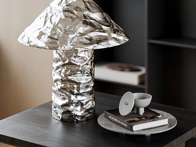 Crinkled Metallic Table Lamp on Dark Wooden Table with Tray Book and Small White Object 3d model
