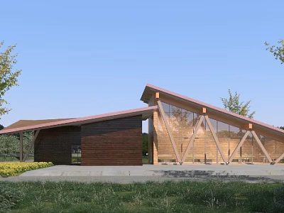 Modern Wooden House With Sloped Roof Large Glass Windows And Green Grass Trees Surroundings 3d model