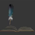 Classic Open Book With Spread Pages And Blue Green Feather Quill