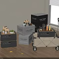 Moving Boxes And Storage Cart With Kitchen Items Avocado Jars On Wooden Floor Near Window