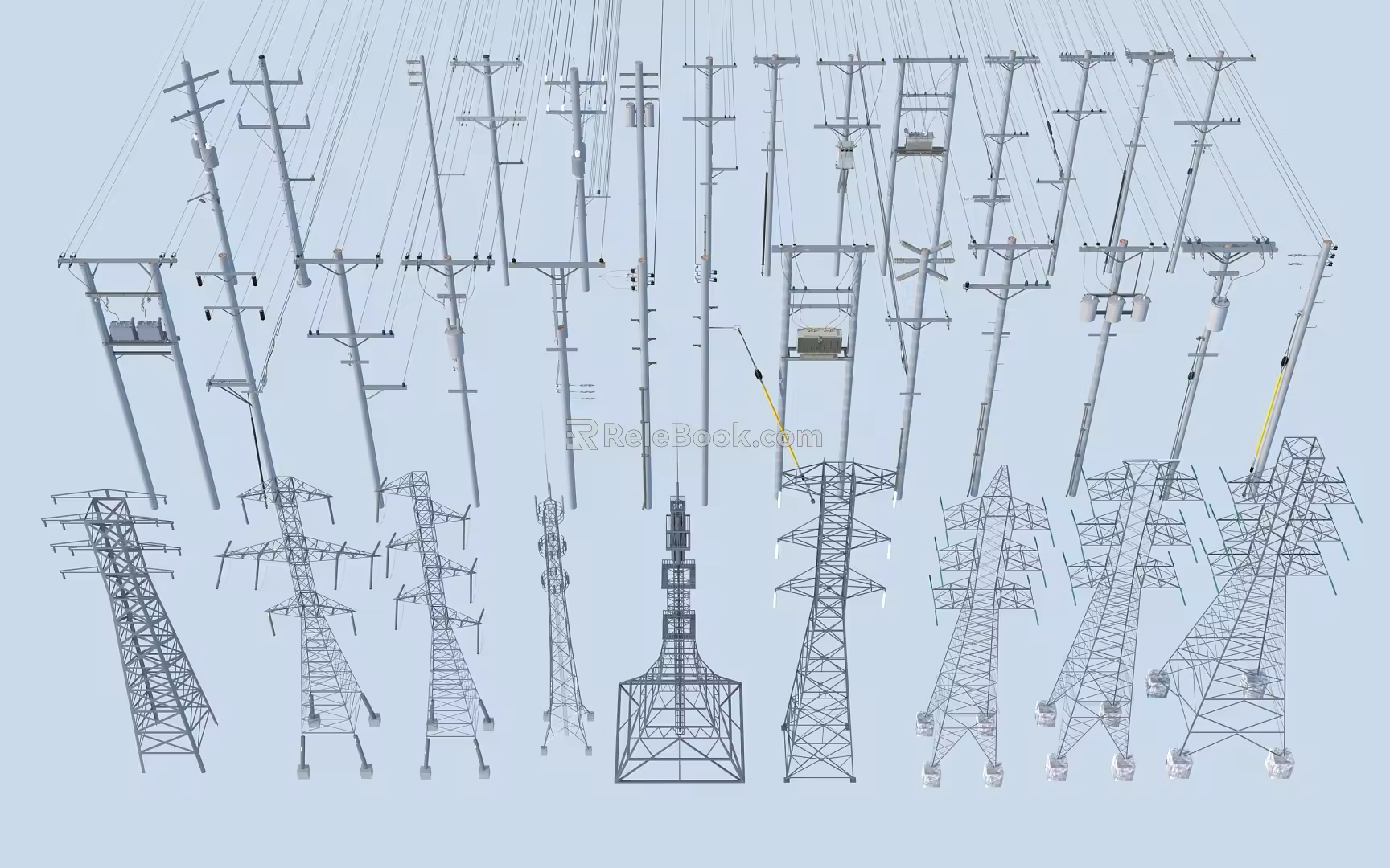modern electric pole high voltage line high voltage tower signal tower 3d model