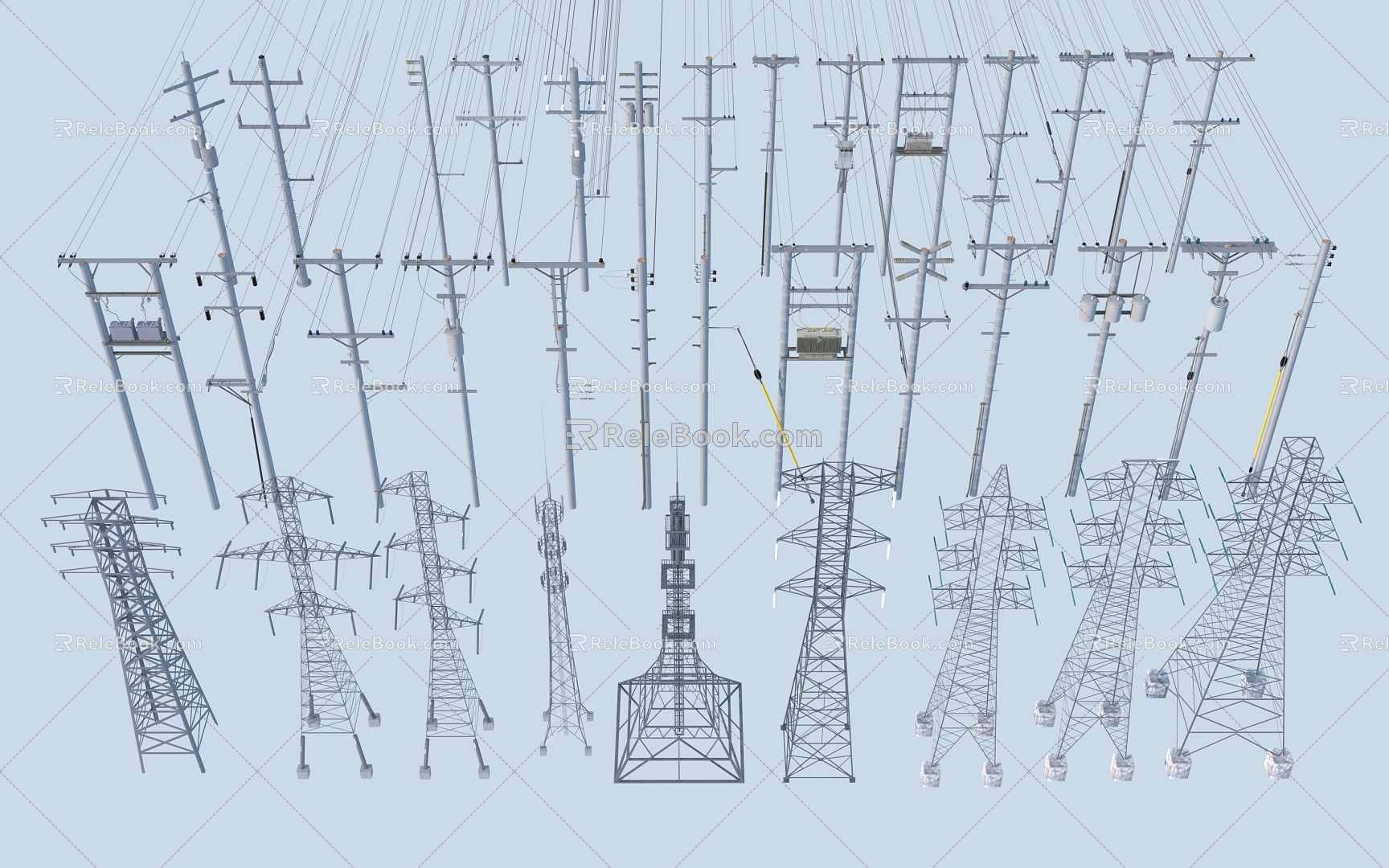 modern electric pole high voltage line high voltage tower signal tower 3d model