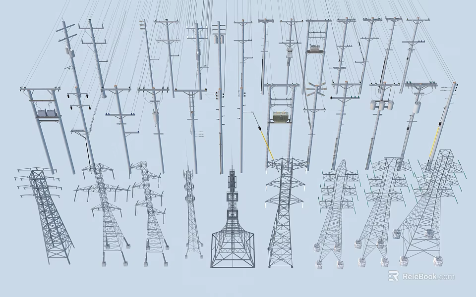 Industrial Equipment With Various Electric Poles And Transmission Tower Structures 3d model 