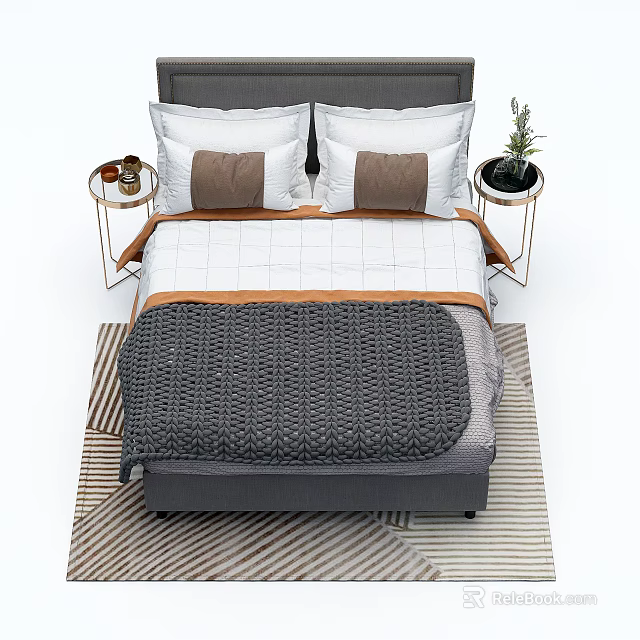 Double Bed with White and Brown Pillows Gray Bedspread Patterned Rug Side Tables Small Plant 3d model