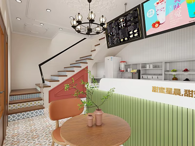 Cozy Dessert Shop Interior With Chandelier Lighting Modern Staircase Green Counter And Wooden Table Chairs 3d model