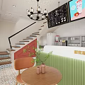 Cozy Dessert Shop Interior With Chandelier Lighting Modern Staircase Green Counter And Wooden Table Chairs