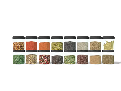 Clear Glass Spice Jars with Colorful Dried Spices and Black Sealed Lids 3d model