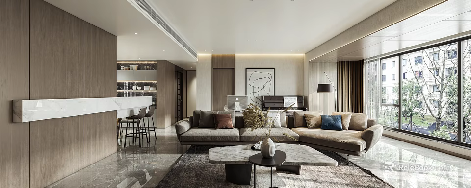 Modern Living Dining Room Open Layout With Sofa Coffee Table Rug And Artwork 3d model