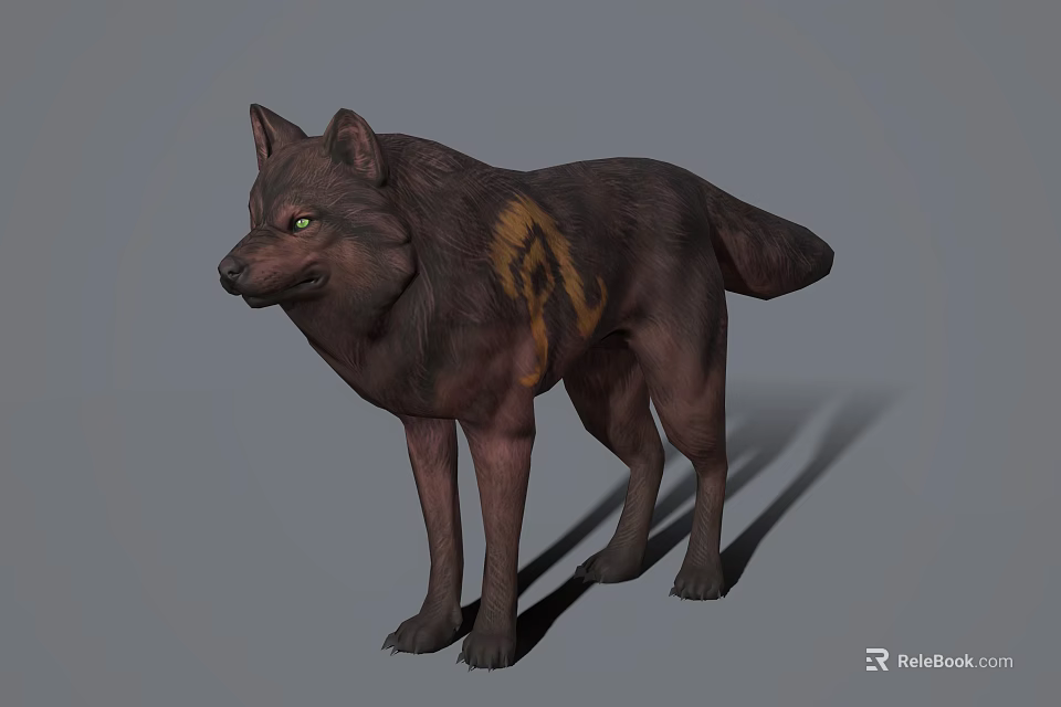 Realistic 3D Wolf With Dark Brown Fur Yellow Markings And Green Eyes 3d model 