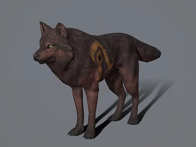 Realistic 3D Wolf With Dark Brown Fur Yellow Markings And Green Eyes 3d model