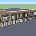 Modern Commercial Complex Exterior With Large Glass Windows Decorative Columns And Canopies