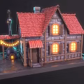 Cartoon Scene Featuring Charming House with Red Roof Stone Walls Wooden Structure Lanterns and Windows