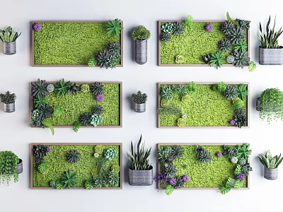 Living Plant Wall With Various Green Plants Succulents Purple Flowers Metal Planters And Wooden Frames 3d model
