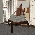 Brown Rattan Leisure Chair With Soft Cushions Against Lattice Wall Abstract Painting And Floor Lamp