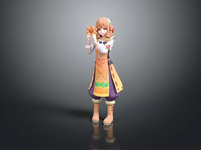Pink Haired Female Figure Wearing Orange Apron Holding Small Orange Creature With Boots 3d model